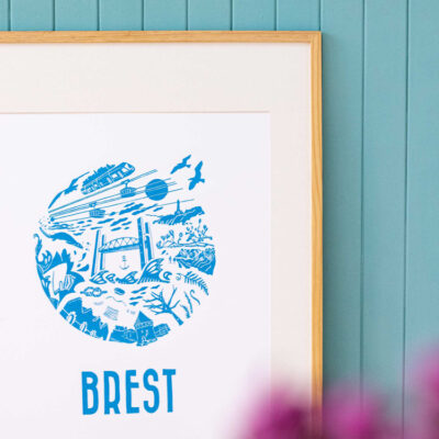 Linogravure Planète Brest bleue – 43x61cm