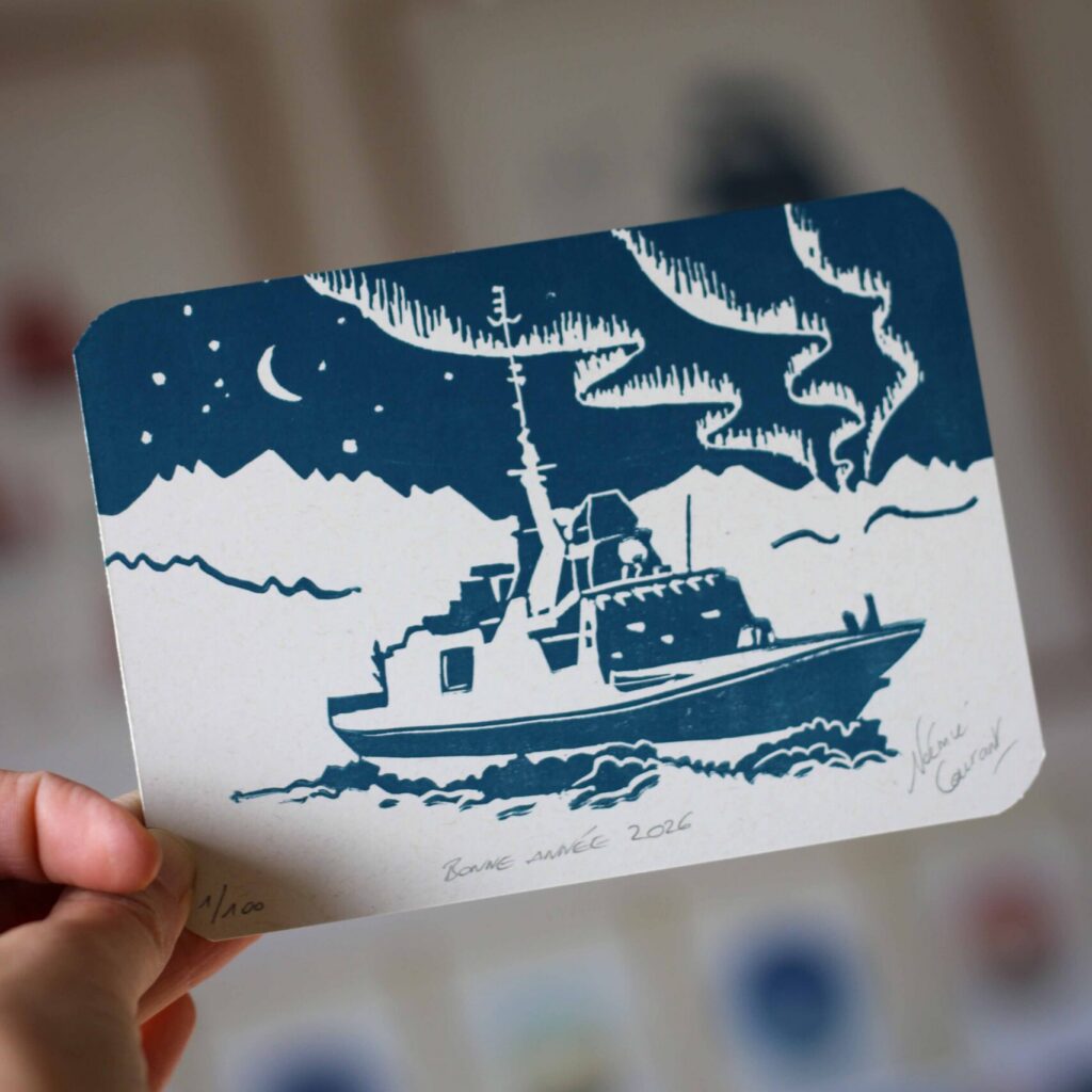 Aperçu de la carte illustrée en linogravure créée pour la Marine Nationale