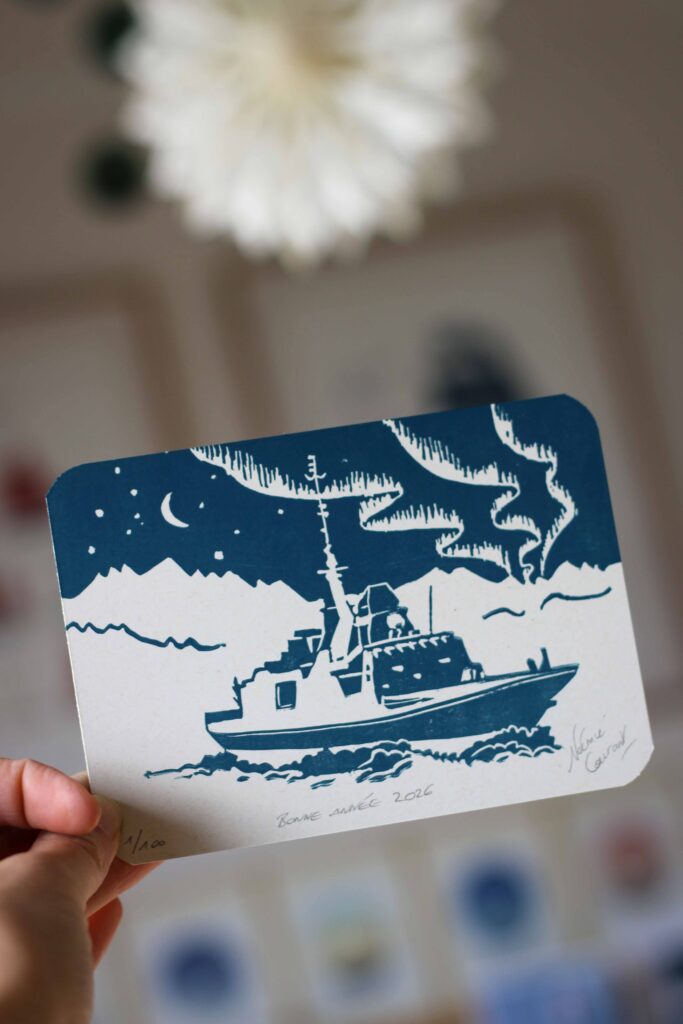 Carte en linogravure pour la Marine Nationale Carte illustrée en linogravure créée pour la Marine Nationale