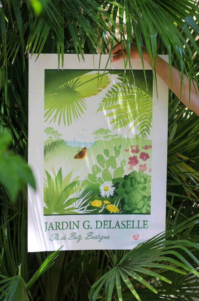 Linogravure du Jardin Georges Delaselle présentée au milieu de la végétation