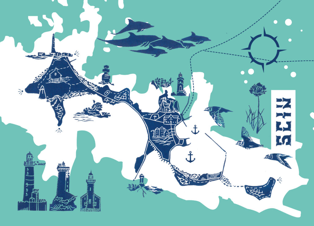 Illustration de l'île de Sein avec carte de l'île, phares, oiseaux et éléments marins