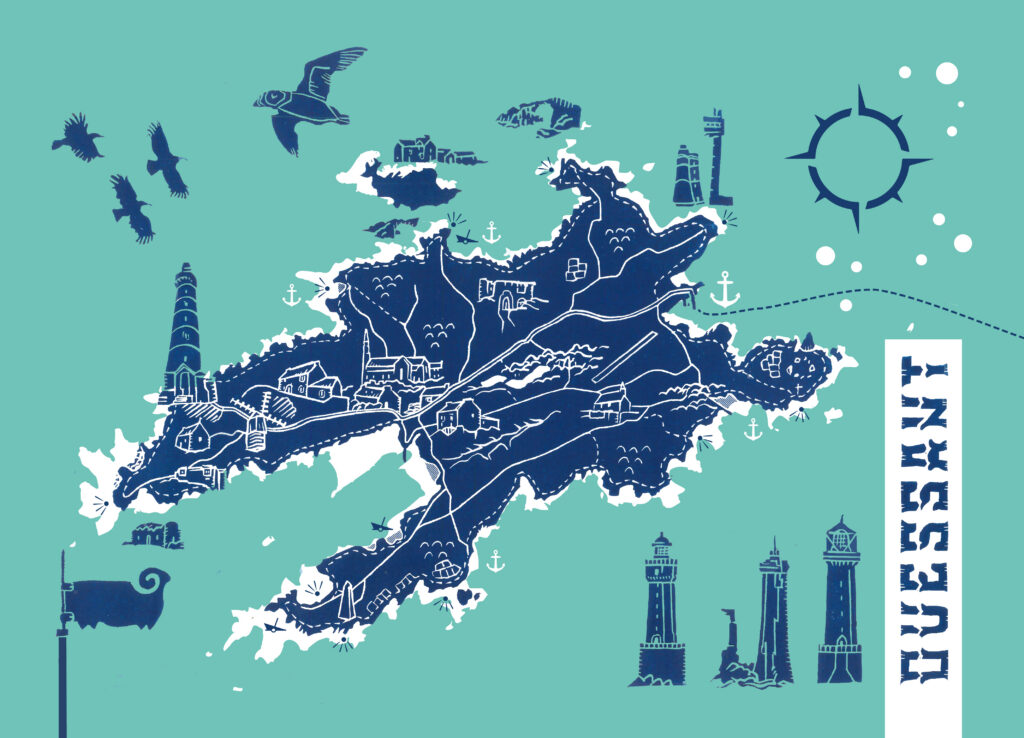 Illustration de l'île d'Ouessant avec carte de l'île, phares, oiseaux et éléments marins